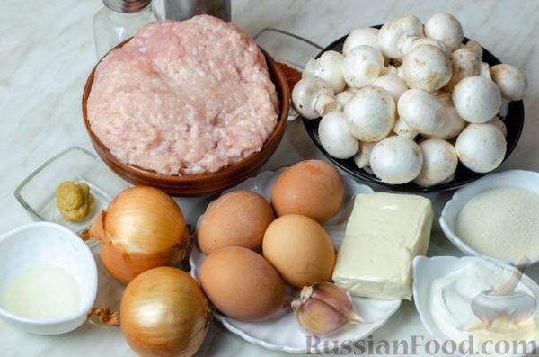 "Гнёзда" из куриного фарша с грибами, яйцами и плавленым сыром (в духовке)